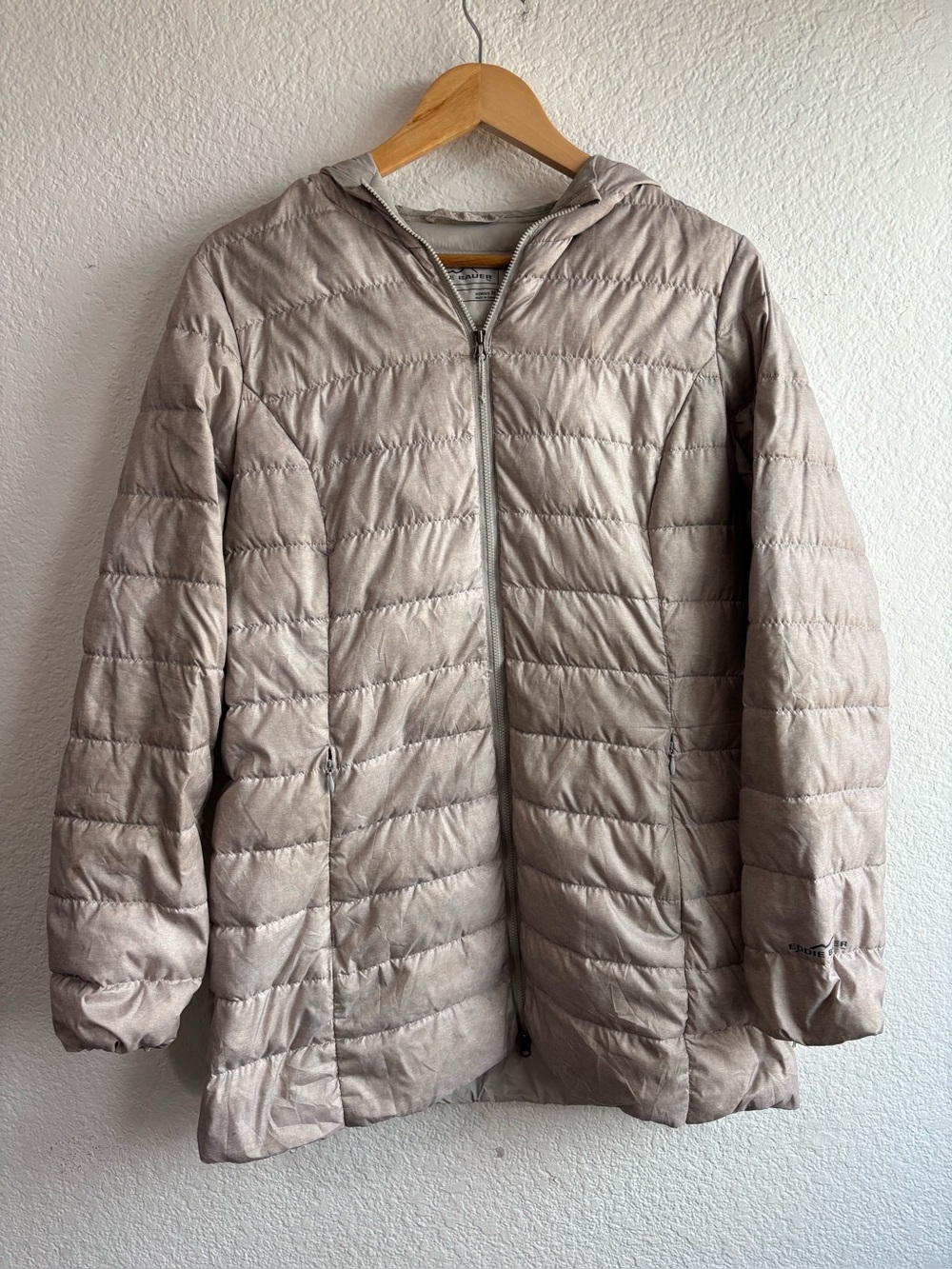 Eddie Bauer Lightweight Quilted Down Puffer Winter Jacket Taupe Packable M